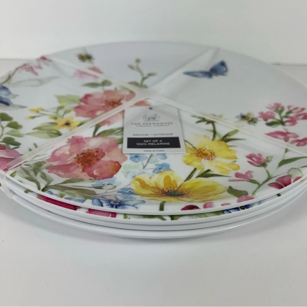 Rachel Ashwell The Farmhouse Melamine Dinner Plates Floral Spring Set of 4 NEW
